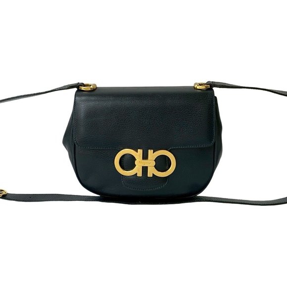 Salvatore Ferragamo Handbags - Salvatore Ferragamo Gancini Leather Shoulder Bag/Pochette in Navy Blue (19938)